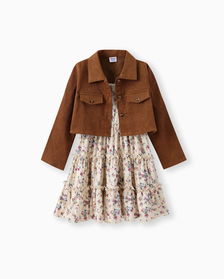 Kleinkind Mädchen 2pcs Reverskragen Jacke und florales Rüschenkleid Set khaki