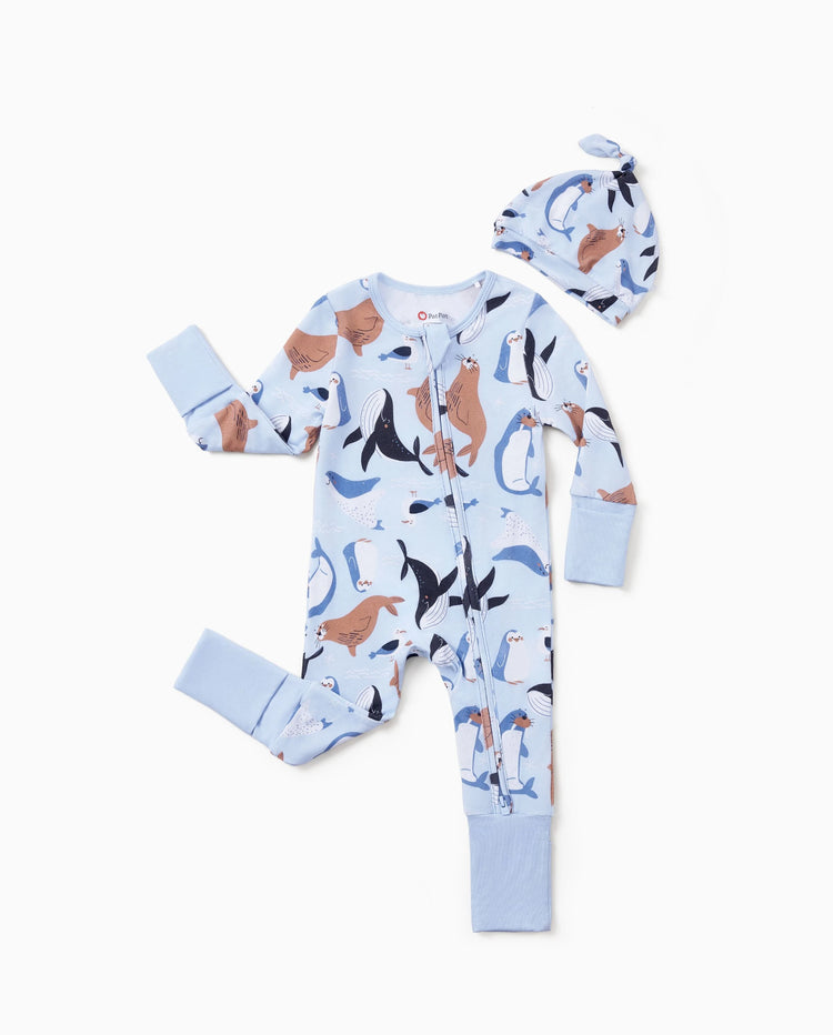 Bamboo Baby Boy/Girl Animal Printed 2-Way Zip Onesies Anti Slip Long-sleeve Footie with Hairband Royal Blue