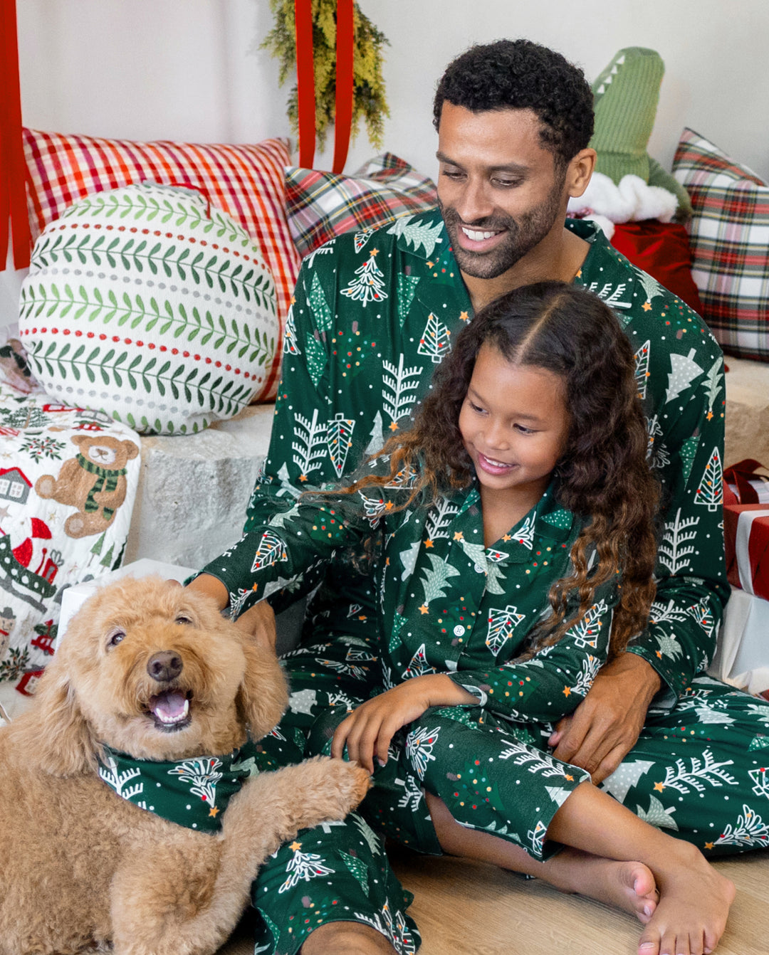Pijamas navideños a juego para toda la familia, estampado de árbol de Navidad, verde oscuro, talla grande