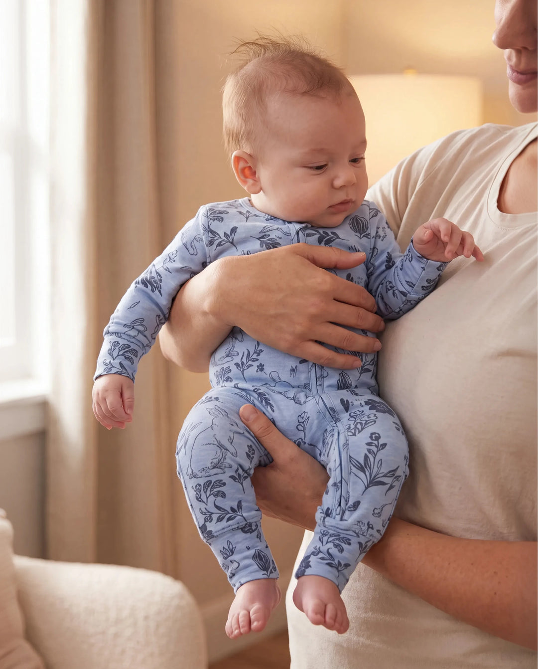 Baby Jungen/Mädchen Plant Print Eng anliegender Wollpyjama mit Reißverschluss hellblau