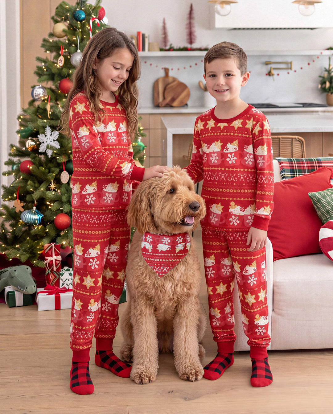 Weihnachtliche Familienpyjamas im Partnerlook mit Fair-Isle- und Tassenmotiv in Rot