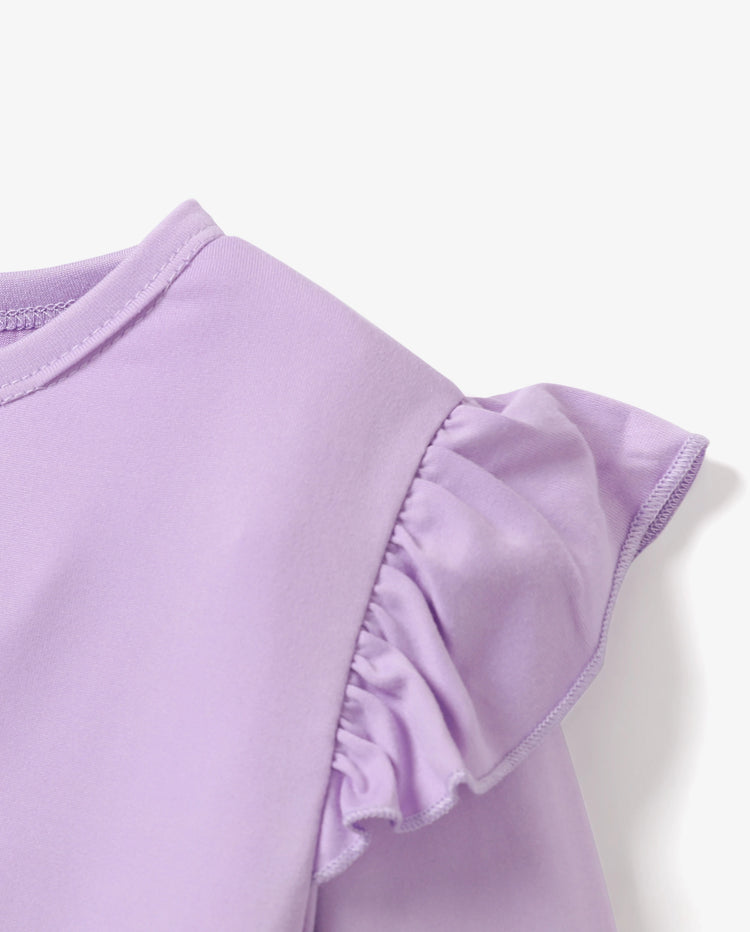 Ensemble 2 pièces pour fille, t-shirt à manches longues et volants avec nœud papillon et pantalon à imprimé floral violet clair