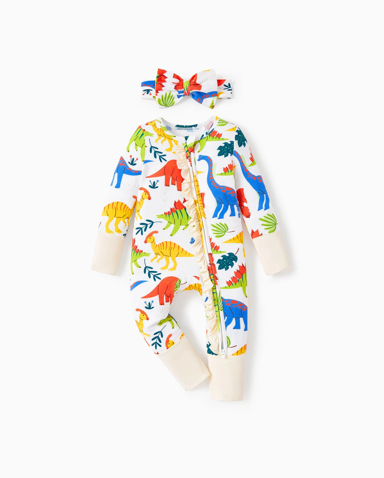 Bamboo Baby Boy/Girl Animal Printed 2-Way Zipper Anti Slip Long-sleeve Footie with Hairband Apricot Yellow