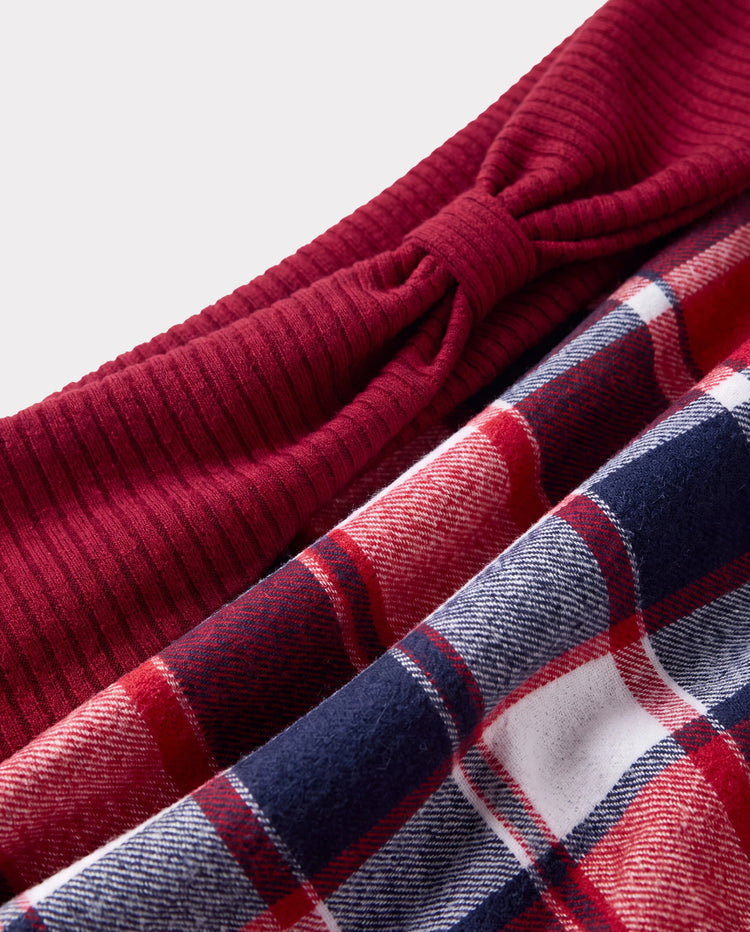 Passendes Familienoutfit-Set Langarmhemd und schulterfreies langärmeliges kariertes Strickkleid mit Spleißen Burgundy