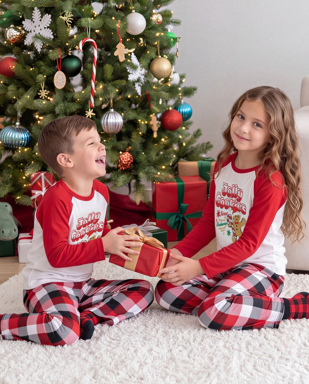 Christmas Matching Family Pajamas Gingerbread & Plaid Print Red