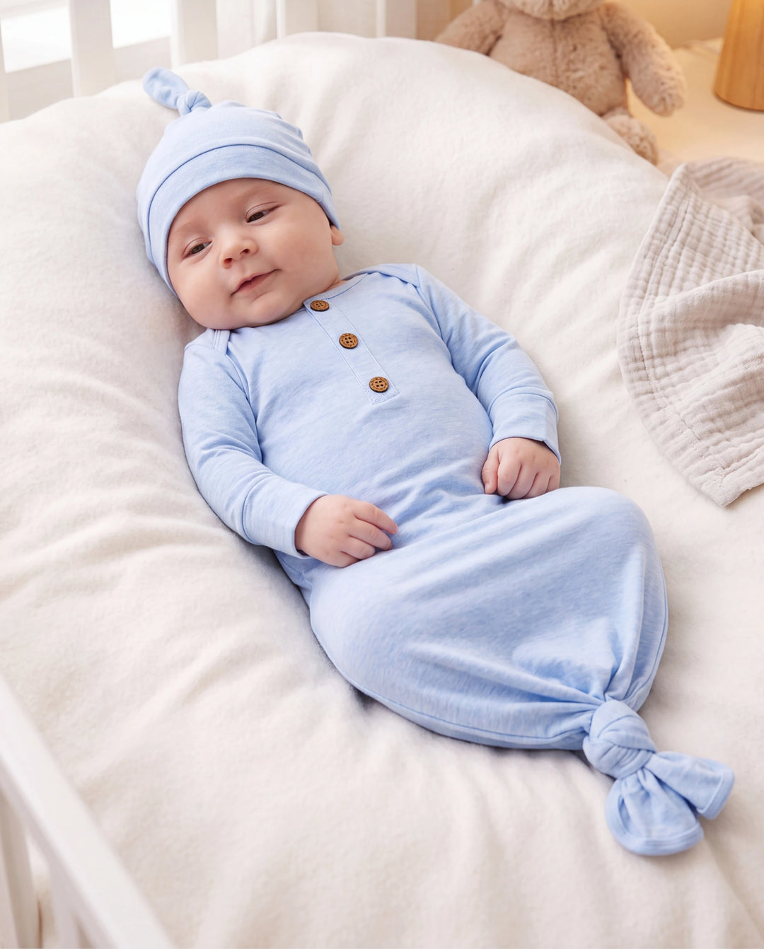 Baby Boy/Girl Solid Color Baby Sleeping Bag Infant Gown with Hat Light Blue