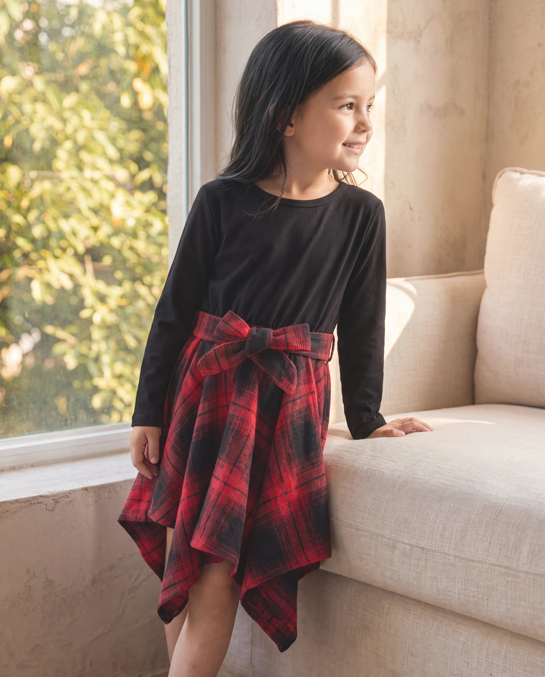 Toddler Girl Plaid Irregular Hem Splice Long-sleeve Dress Black