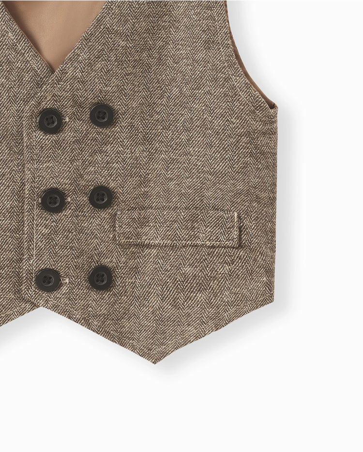 3PCS Baby Boy Elegant Grid/Houndstooth Shirt Collar Long Sleeve Set Brown