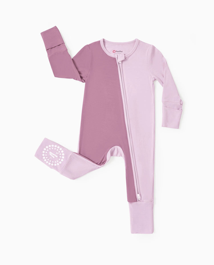 Mameluco de bambú para bebé niño/niña, con bloques de color, cremallera bidireccional, antideslizante, de manga larga, morado