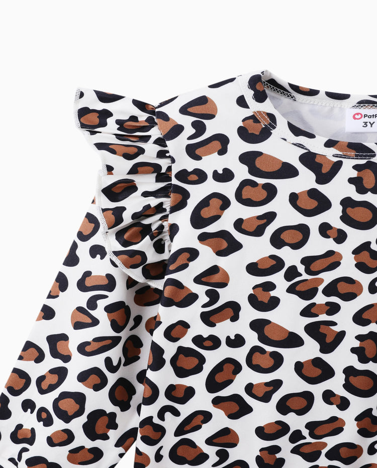 2-piece Toddler Girl Leopard Print Flutter Long-sleeve Top and Heart Pattern Pants Set Black