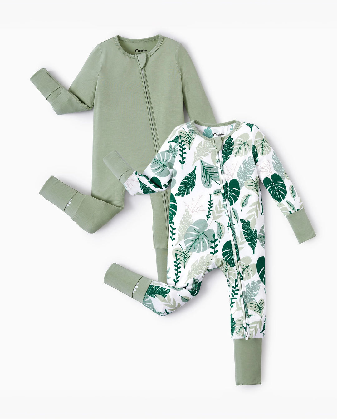 Lot de 2 grenouillères en bambou pour bébé garçon/fille à manches longues avec fermeture éclair 2 voies et pieds antidérapants imprimé animaux ou plantes naturel Vert