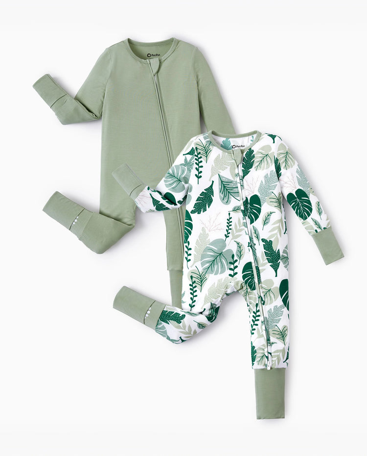 Lot de 2 grenouillères en bambou pour bébé garçon/fille à manches longues avec fermeture éclair 2 voies et pieds antidérapants imprimé animaux ou plantes naturel Vert