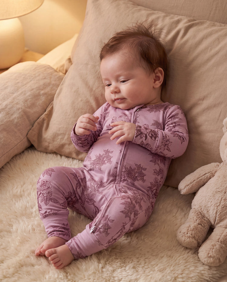 Pyjama bébé garçon/fille en laine à imprimé végétal, fermeture éclair, coupe ajustée, rose
