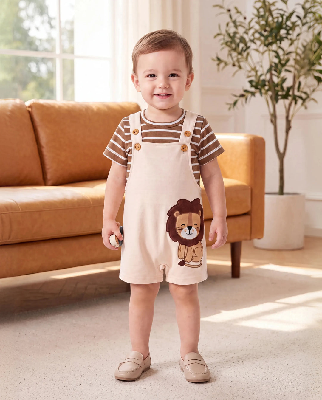 Baby Boy 2pcs Stripe Pattern Tee and Lion Print Overalls Shorts Set Khaki