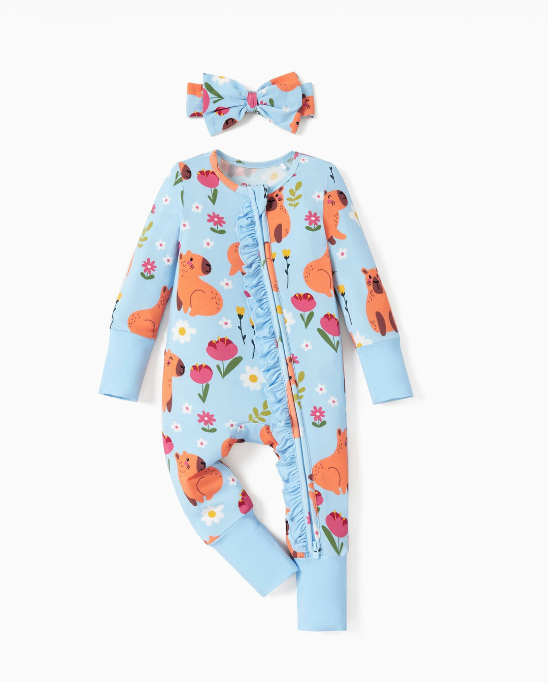 Bamboo Baby Boy/Girl Animal Printed 2-Way Zipper Anti Slip Long-sleeve Footie with/without Hairband Turquoise