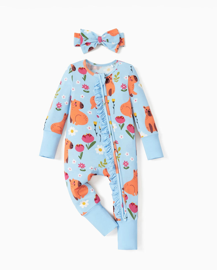 Bamboo Baby Boy/Girl Animal Printed 2-Way Zipper Anti Slip Long-sleeve Footie with/without Hairband Turquoise