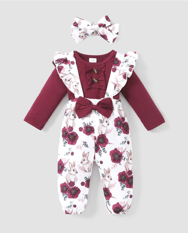 Baby Girl 3pcs Sweet Solid Romper and Floral Print Ruffled Overalls with Headband Set Burgundy