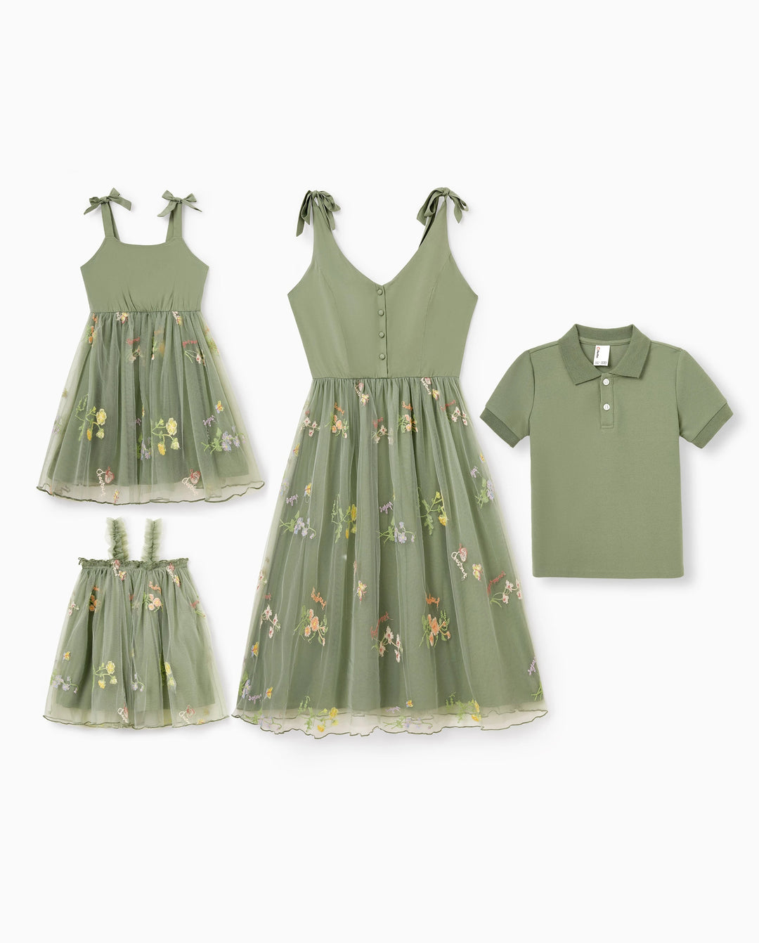 Mommy & me Polo Collar Short-sleeve Shirt or V-neck Strappy Mesh Dress Green