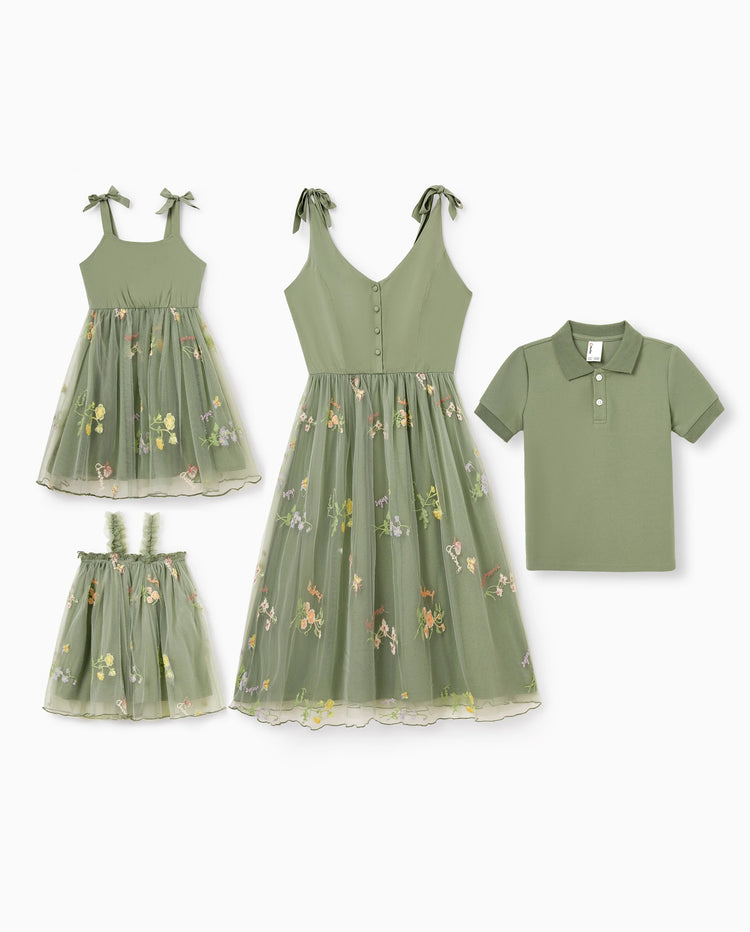 Mommy & me Polo Collar Short-sleeve Shirt or V-neck Strappy Mesh Dress Green