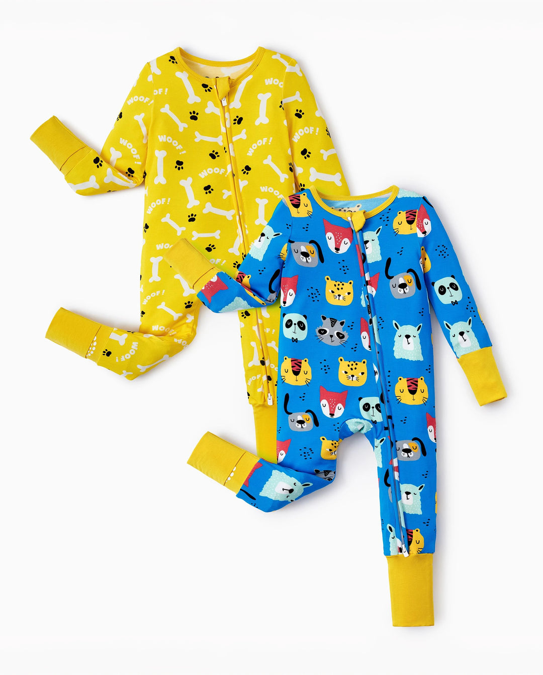 Lot de 2 grenouillères en bambou pour bébé garçon/fille à manches longues avec fermeture éclair 2 voies et pieds antidérapants imprimé animaux ou plantes naturel Jaune