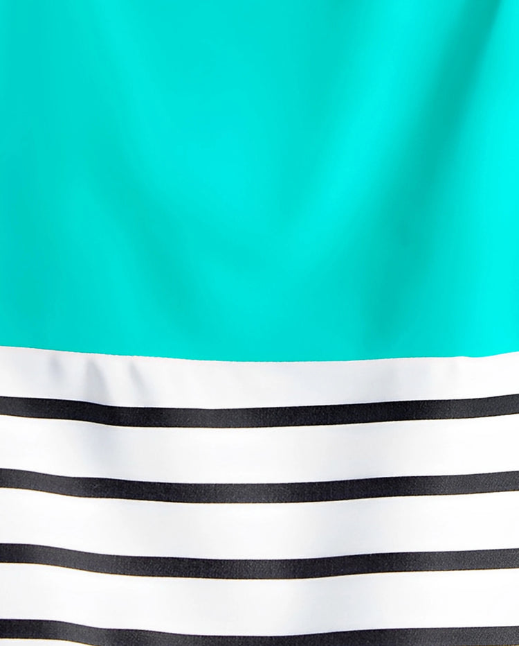 Traje de baño de una pieza con cortes y rayas a juego para toda la familia y bañador con bloques de color verde y blanco