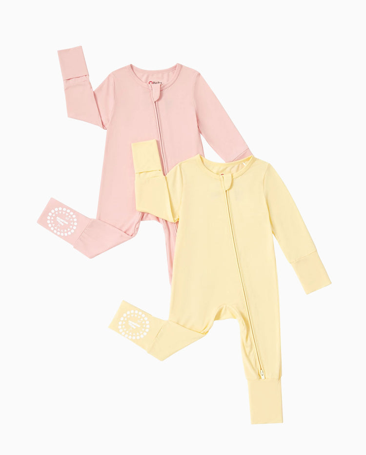 Grenouillères en bambou (lot de 2) pour bébé garçon/fille, fermeture éclair double sens, manches longues, antidérapantes, jaune pâle