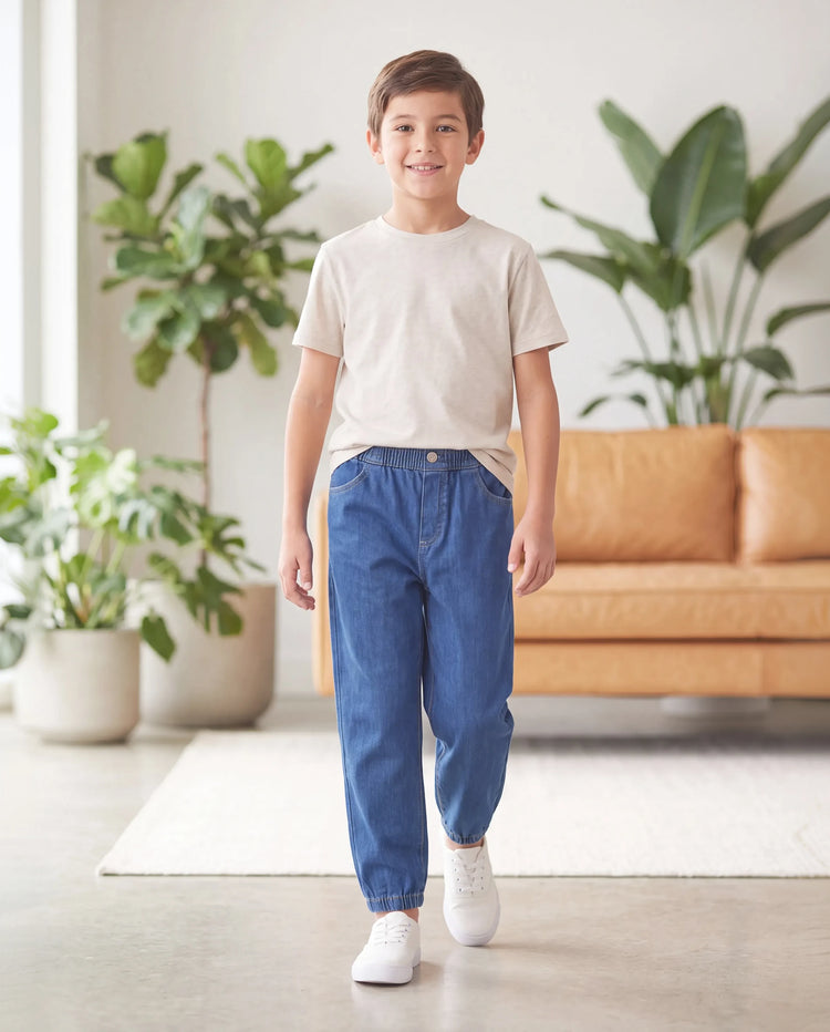 Pantalones vaqueros para niños con cintura elástica, suaves, elásticos y cómodos, para uso diario, con bolsillos, color azul oscuro