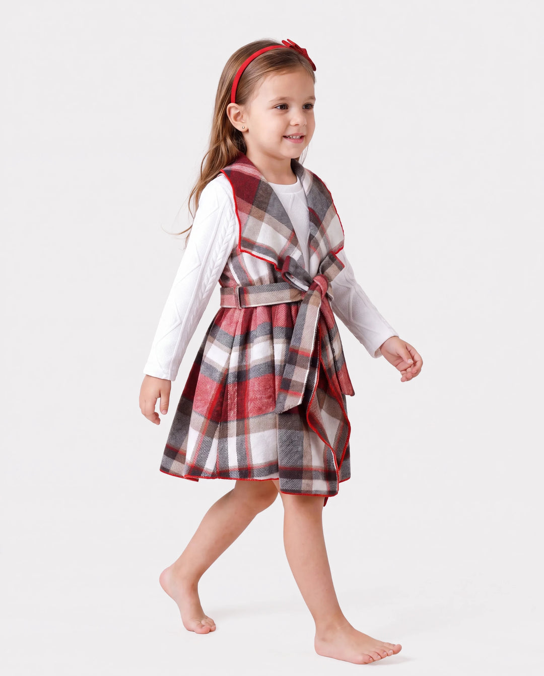 3PCS Toddler Girl Asymmetrical Hemline Classic Grid Dress Set Red