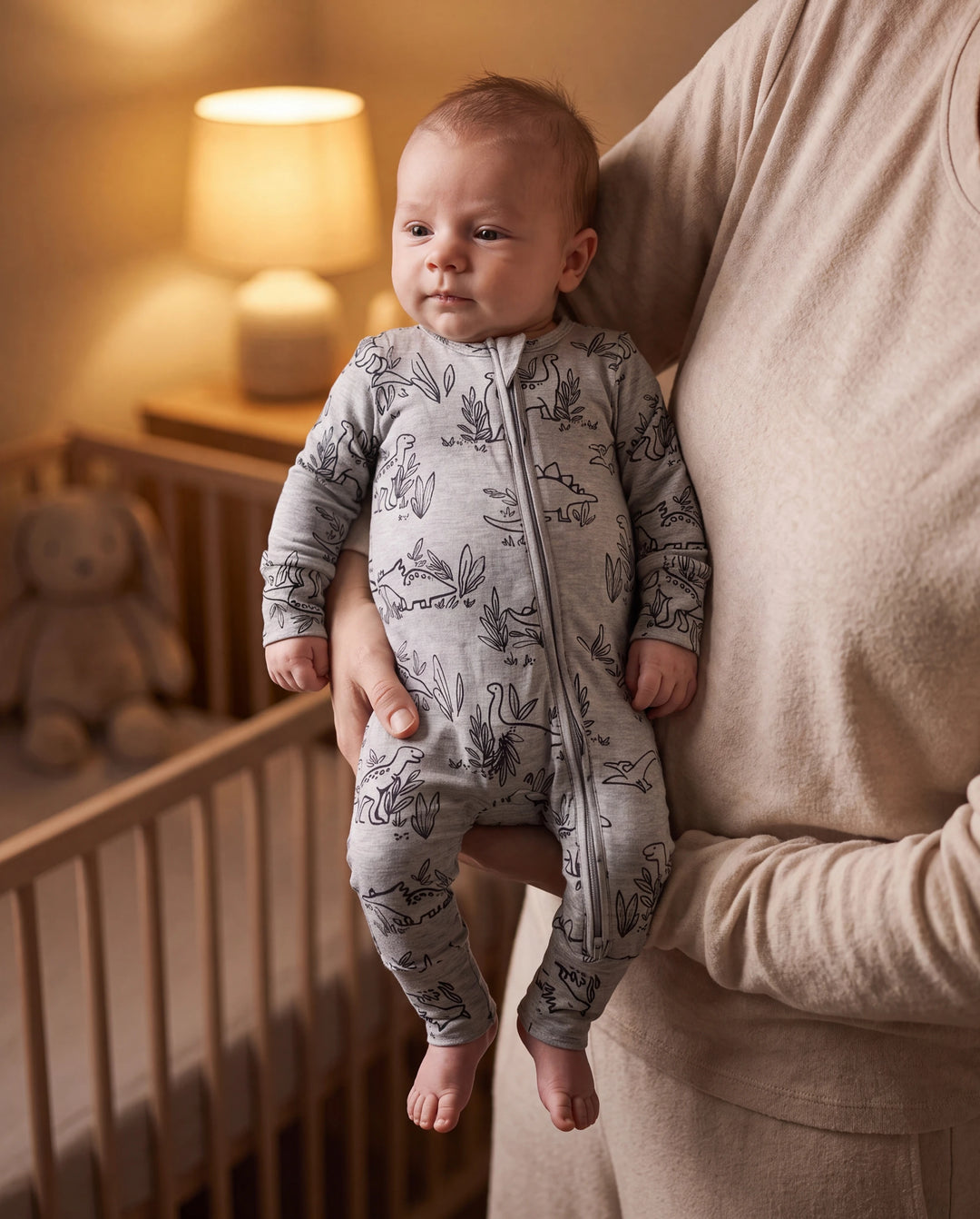 Baby Boy/Girl Plant Print Zip-up Snug-Fitting Wool Pajamas Grey