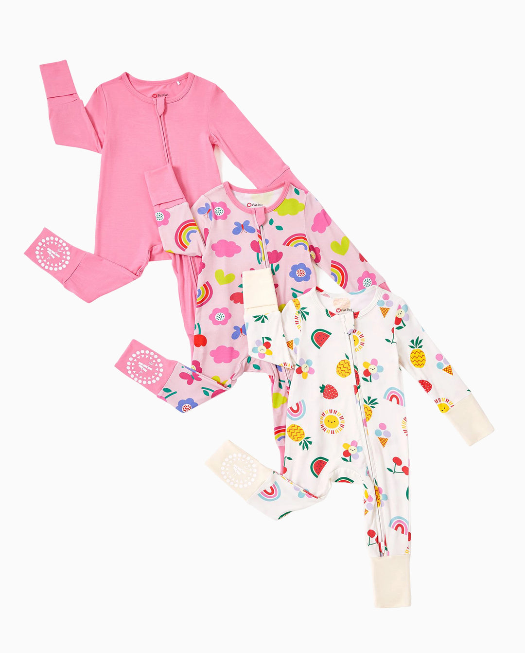 Bamboo Baby Boy / Girl 3-Pack Solid&Rainbow Printed 2-Way Zipper Anti Slip Long-sleeve Footie Pink