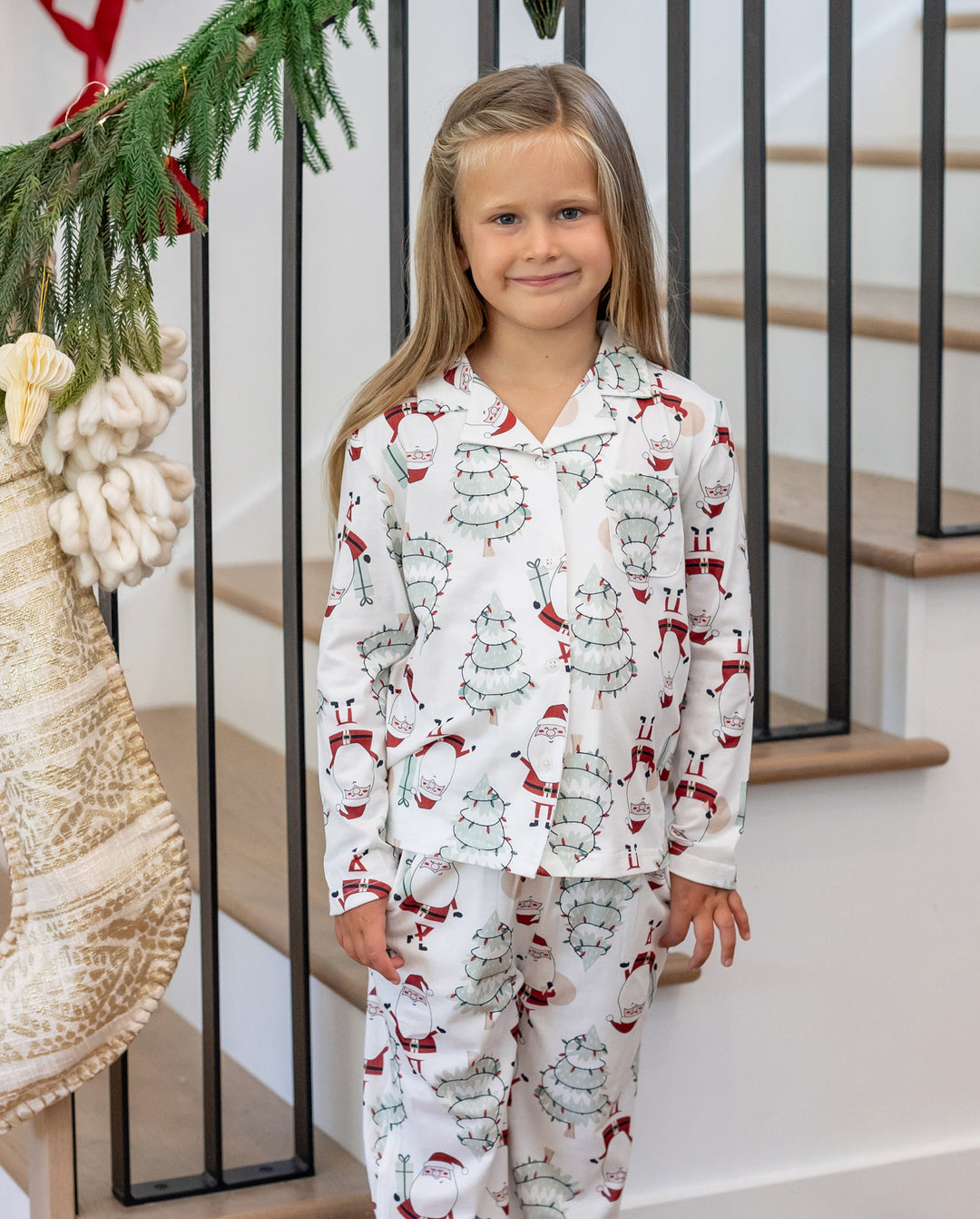 Matching Family Christmas Pajamas Gnome & Christmas Tree Print White