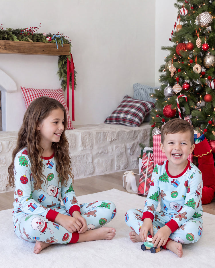 Christmas Matching Family Pajamas Santa & Xmas Tree Print Teal