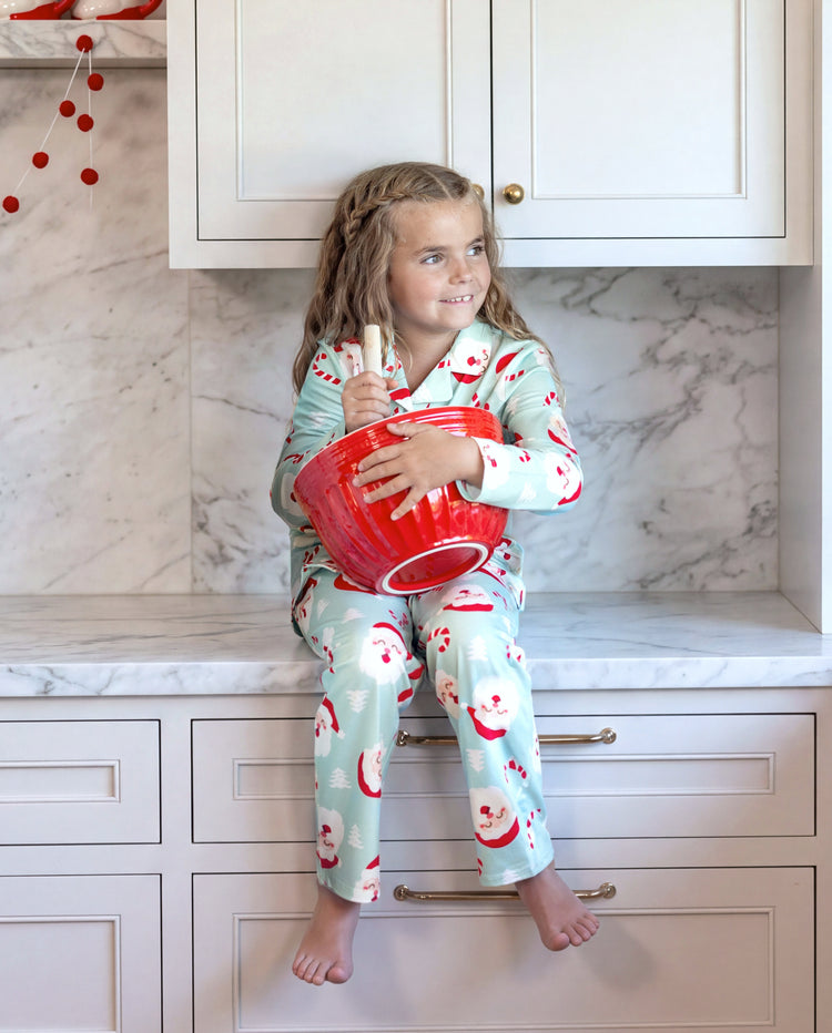 Weihnachts-Pyjamas im Familien-Partnerlook, Weihnachtsmann-Print, mit Kragen, Grün