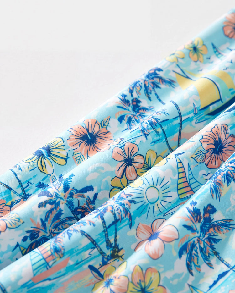 Maillots de bain assortis pour toute la famille à imprimé tropical, maillot une pièce à nouer devant pour maman, maillot deux pièces pour fille, ensemble short de bain pour papa & fils pour vacances d'été à la plage Bleu clair