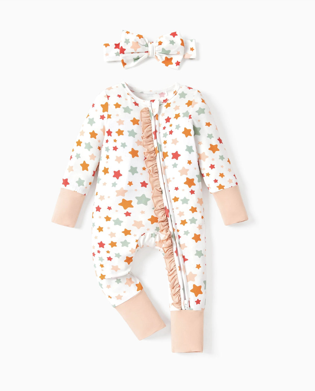 Footie de bambú para bebé niño/niña con estampado de animales, cremallera bidireccional, antideslizante, de manga larga y con banda para el pelo, color albaricoque