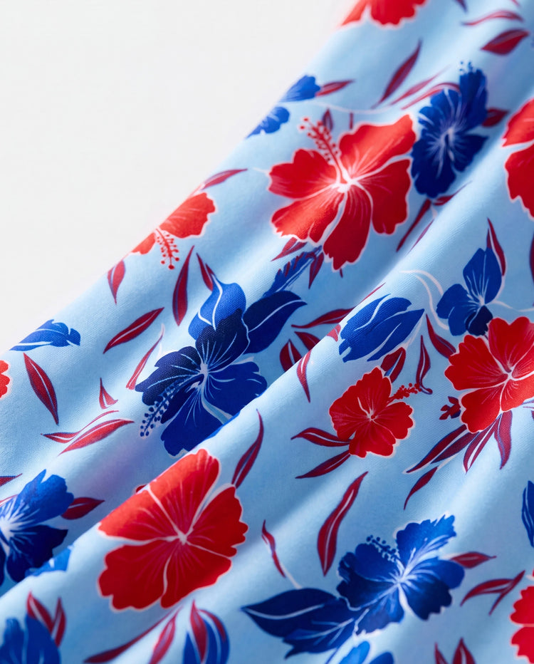 Familien-Matching-Badebekleidung mit Blumenprint – Bikini- und Badehosen-Set für Mama, Papa und Kinder, perfekt für Sommertage am Strand und Poolpartys in Rot.
