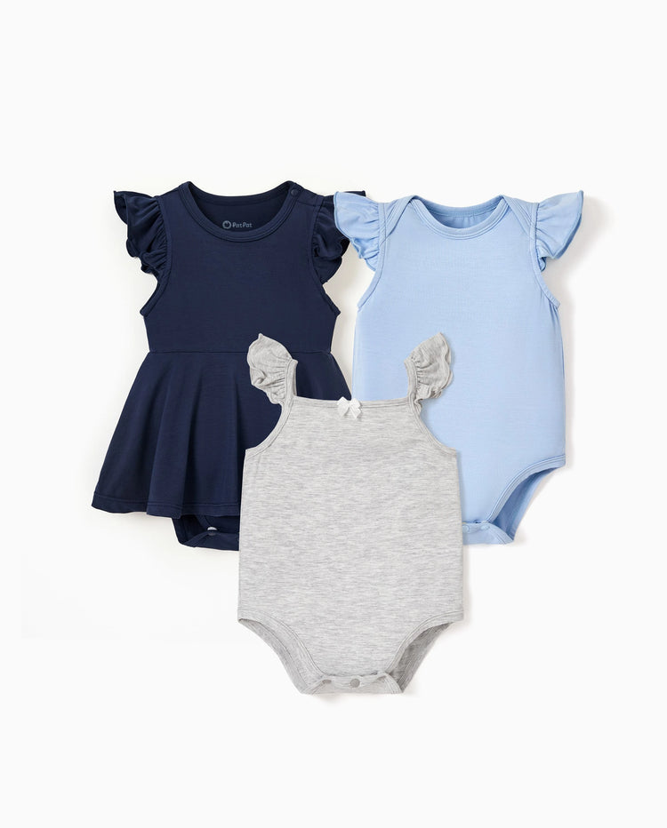 Bamboo Baby Girl Solid Color 3-Piece Rompers Set Blue
