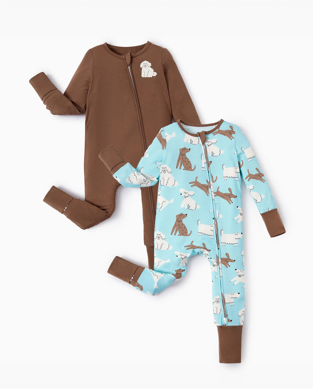 Lot de 2 grenouillères en bambou pour bébé garçon/fille à manches longues avec fermeture éclair 2 voies et pieds antidérapants imprimé animaux ou plantes naturel Marron