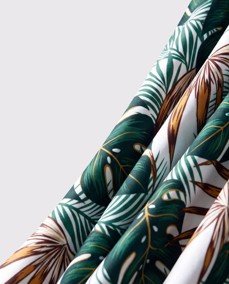Family Matching Allover Plants Print Swim Trunks Shorts and V Neck Spaghetti Strap Splicing One-Piece Swimsuit Dark Green