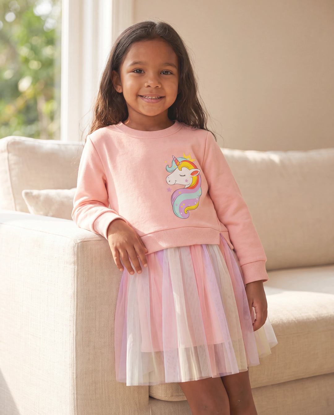 Toddler Girl Sweet Faux-two Unicorn Print Mesh Splice Fairy Dress Pink
