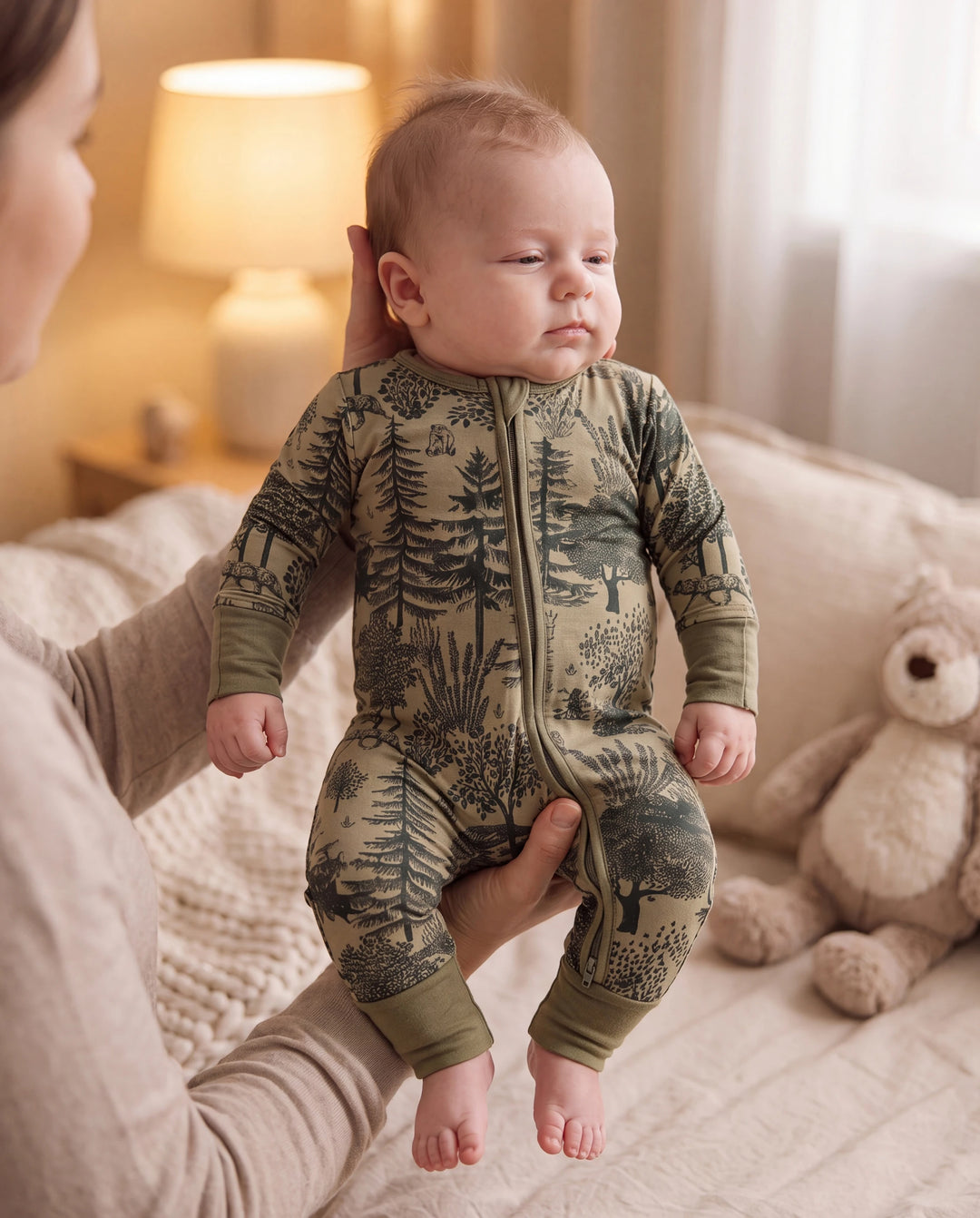 Pijama de lana ajustado con cremallera y estampado de plantas para bebé niño/niña, color verde