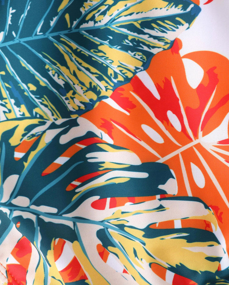Family Matching Orange and All Over Tropical Plant Print Splicing Ruffle One-Piece Swimsuit and Swim Trunks Shorts Orange color