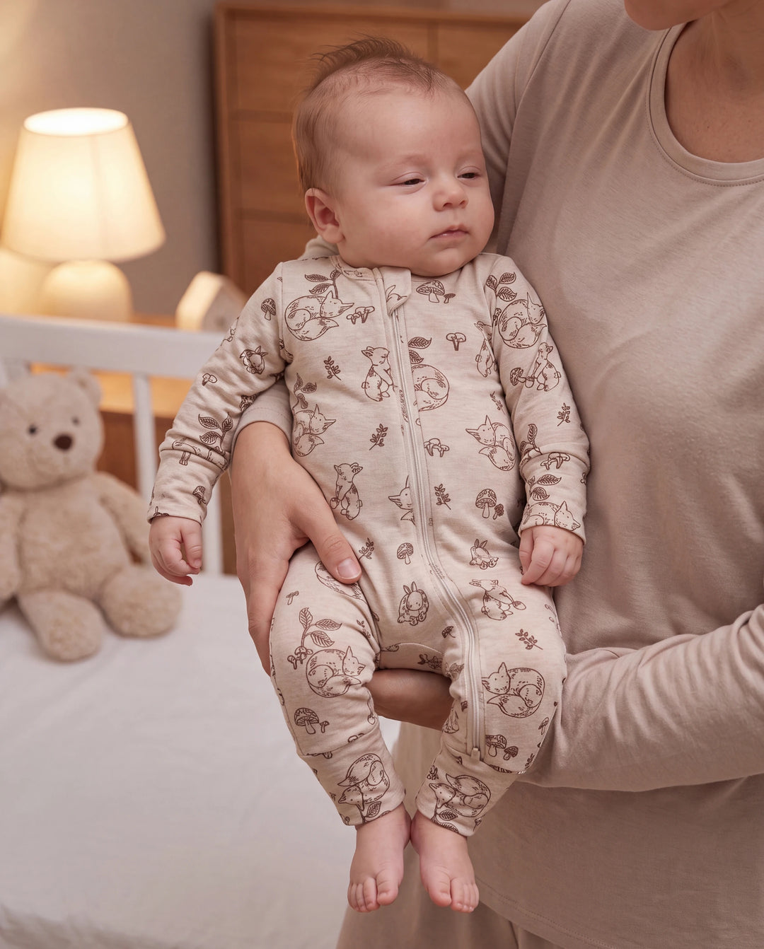 Pijama de lana ajustado con cremallera y estampado de plantas para bebé niño/niña, color albaricoque