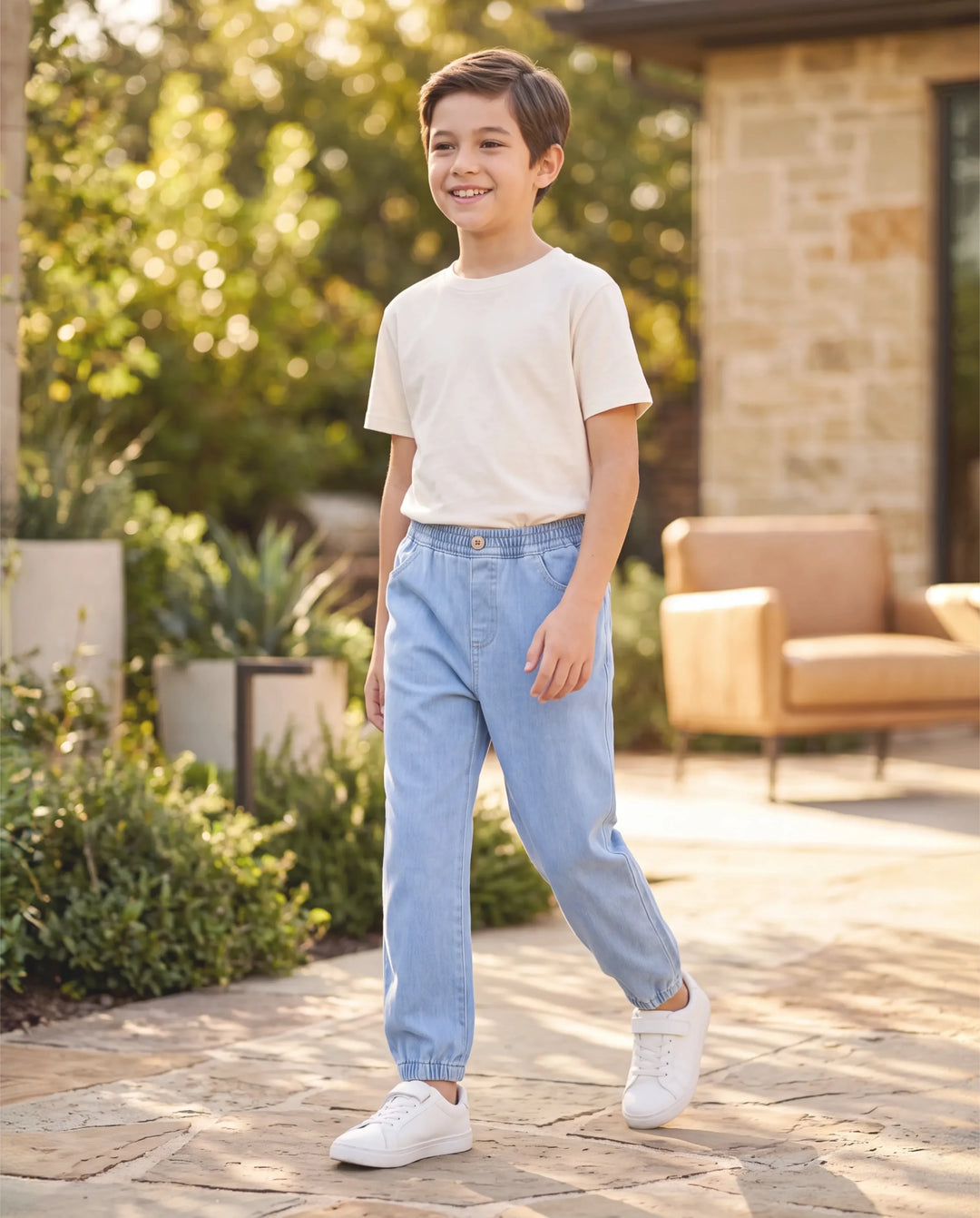 Kids Elastic Waist Denim Pants Soft Stretch Comfortable Everyday Jeans with Pockets Light Blue