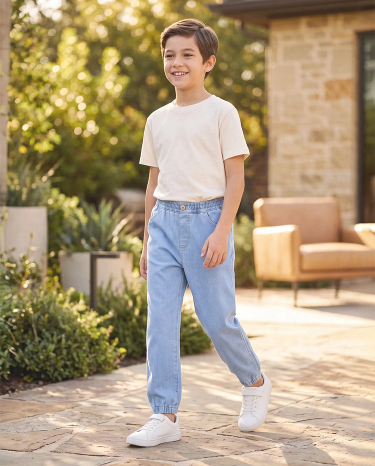 Kids Elastic Waist Denim Pants Soft Stretch Comfortable Everyday Jeans with Pockets Light Blue