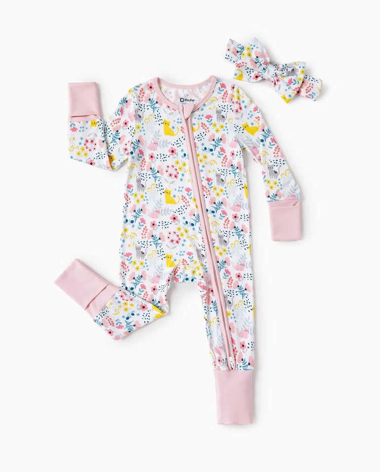 Pijamas elegantes de bambú para bebé niña con estampado, cremallera 2 vías, antideslizantes, de manga larga con pies y diadema Rosa claro