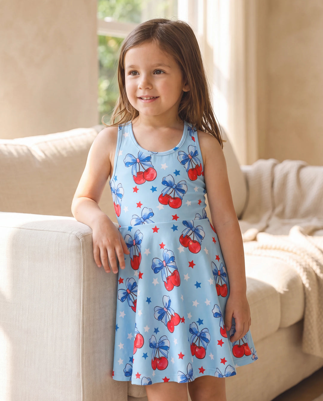 Independence Day Toddler Girls Patriotic Cherry/Star Print Casual Sleeveless Dress Light Blue
