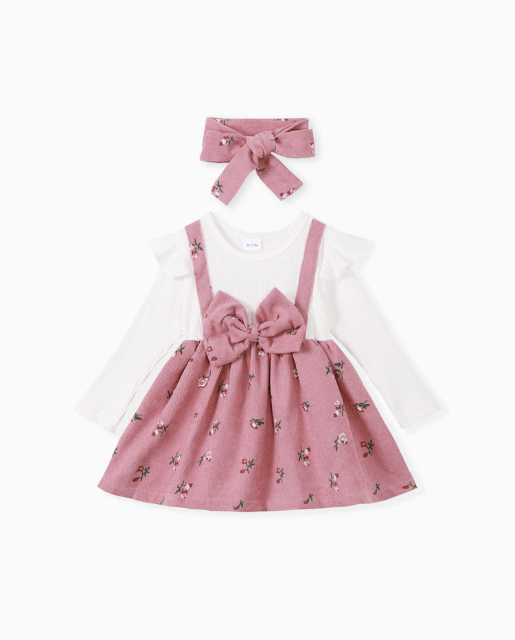 2pcs Baby Girl Floral Print Combo Dress with Headband Set ColorBlock