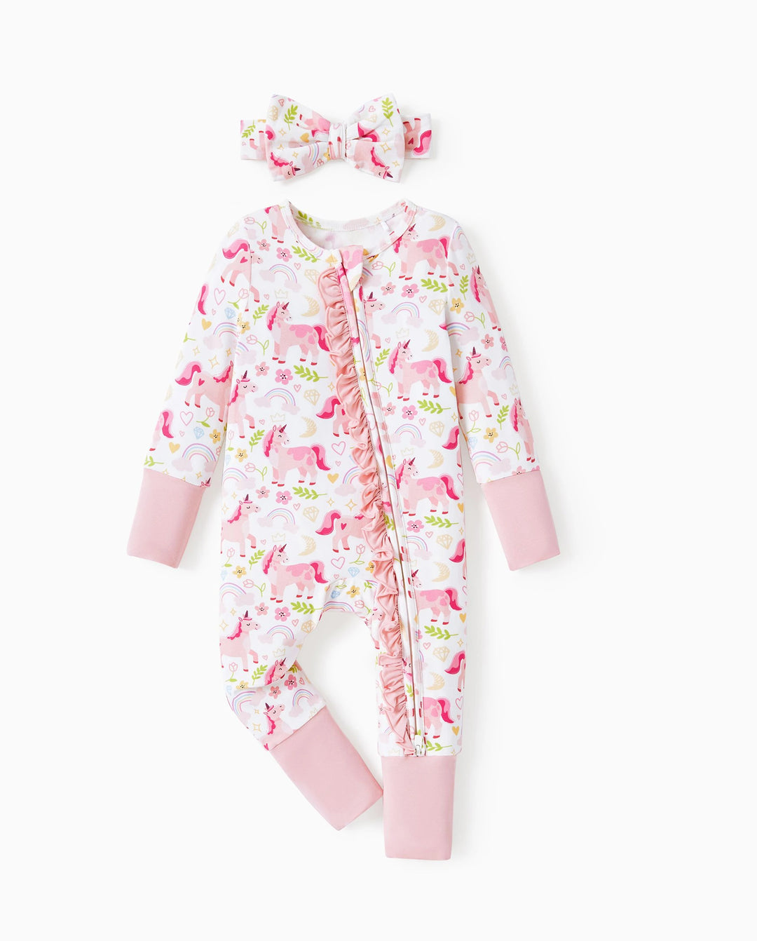 Bamboo Baby Boy/Girl Animal Printed 2-Way Zipper Anti Slip Long-sleeve Footie with/without Hairband Pink