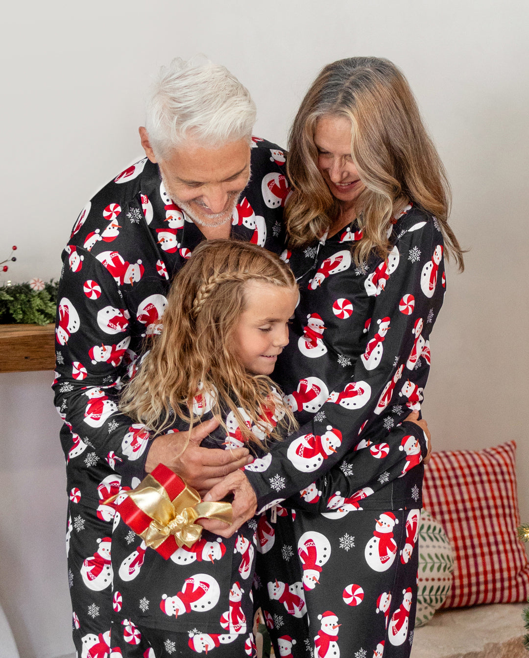 Weihnachts-Pyjamas im Familien-Partnerlook, Schneemann-Print, Schwarz